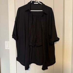 Black 2-piece short and button-down lounge set, size L